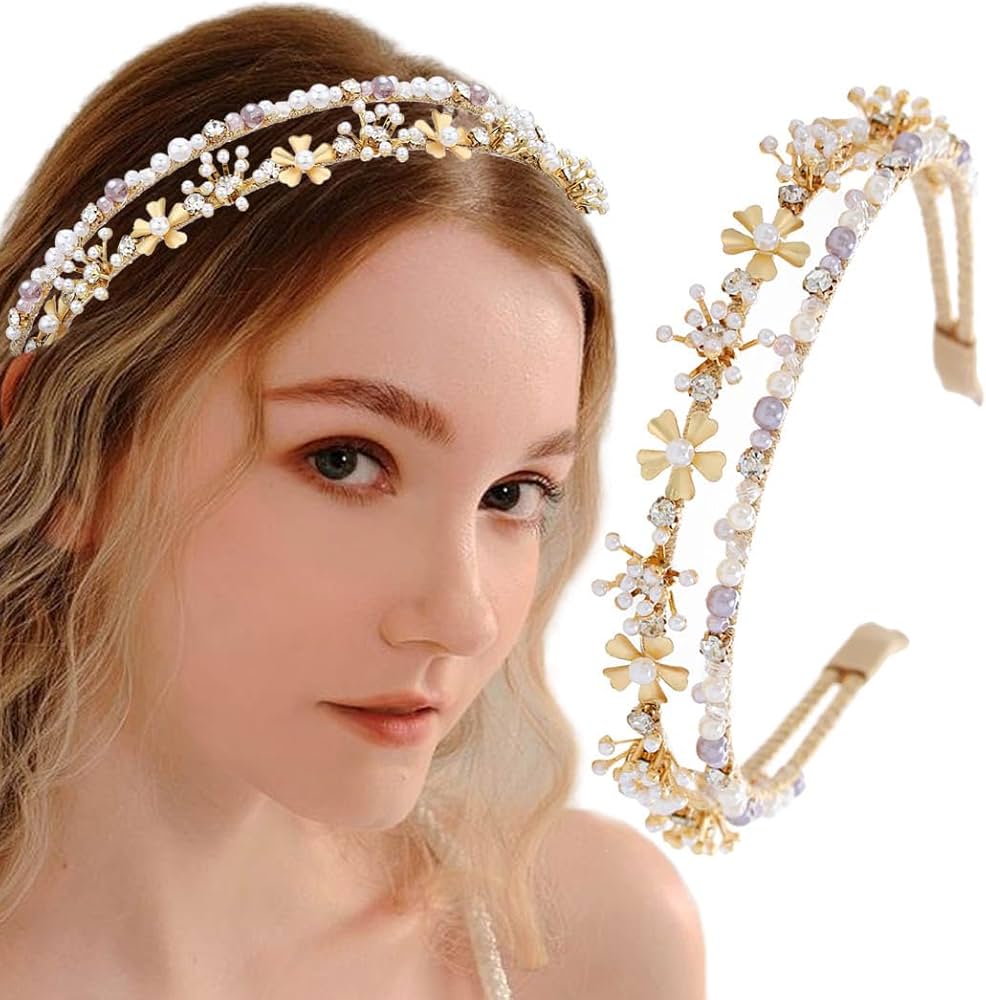 Amazon.com : Firuilo Gold Double Headbands Gray Pearls Hair Bands